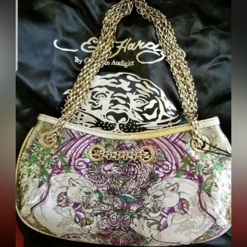 ED HARDY Oriental Floral Printed Clutch Purse Silver Purple New